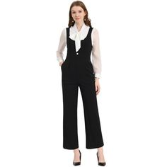 Made of knit fabric, comfortable and soft, this jumpsuit is cut in a relaxed fit and is perfect for cool seasons. Cut to a relaxed, loose fit, this jumpsuit features a u-neckline, button closure, and side zip with two side pockets for a touch of a casual look. When you wear this jumpsuit, it adds to your comfort. Simple and straightforward, the long wide-leg jumpsuit is an easy option for daily wear and weekends. Gothic Business Casual Corporate Goth, Jumpsuit With Shirt Underneath, Business Overalls, Shirt Under Jumpsuit, Jumpsuit With Blazer, Elegant Overalls, Suede Jumpsuit, Black Jumpsuit Outfit, Work Jumpsuit