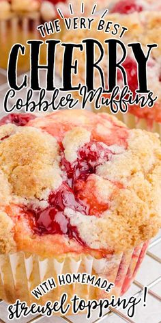 These cherry cobbler muffins are absolutely scrumptious, packed with juicy cherries and topped with a crumbly, sweet streusel. They look like mini coffee cakes and would be perfect for breakfast or dessert. #Rusticvs.Refined:BreadTypesExplored Easy Cherry Cobbler, Sweet Muffins, Muffin Flavors, Dessert For Breakfast, Bakery Style Muffins, Breakfast Easy