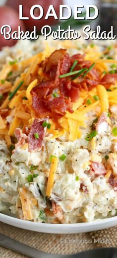 loaded baked potato salad on a white plate