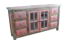 an old wooden cabinet with glass doors on the top and bottom, is shown against a white background