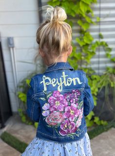 One of a kind, custom, made-to-order jackets - great for back-to-school and gifts for any child! Custom jackets may be purchased from varying vendors (upcycled/thrifted upon request), and vary in style due to size and availability. If you would like a  specific brand (Levi's, Gap, etc.) please message before placing an order - I'm happy to accommodate requests where I can, different jacket brands may change pricing. Current in-stock jackets are from Children's Place.  TIME-FRAME: Jackets are han Mommy And Me Disney Jean Jacket, Casual Spring Outerwear For Birthday, Spring Birthday Long Sleeve Outerwear, Painted Blue Jean Jacket, Jean Jacket Painted, Denim Jacket Painted, Painted Jean Jacket, Flower Jacket, Custom Jean Jacket