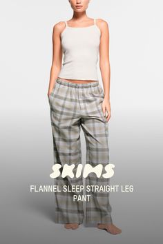 The pajama pant you’ll always prefer. This soft, lightweight sleep style is made with cotton flannel to keep you comfy and warm while catching zzz’s. Features a straight leg silhouette and a high, elastic waist. Detailed with side pockets, a hidden button at the front fly, and a tonal SKIMS logo embroidered at the left thigh. Don’t forget the Drop Needle Pointelle Long Cami to complete the set. Fits true to size. | SKIMS Flannel Sleep Straight Leg Pants | Grey | XS Straight Leg Pant, Pajama Pant, Plaid Pants, Short Leggings, Swimsuit Cover Ups, T Shirt Bra, Fall Shopping, Swimsuit Cover, Lingerie Fashion