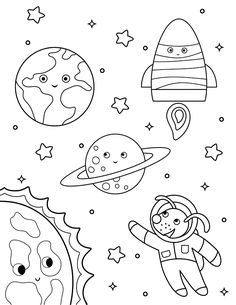 an astronaut and planets coloring page with stars, moon, and sun in the sky