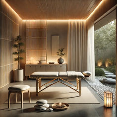 a spa room with stone flooring and wooden walls, lit by lights from the windows