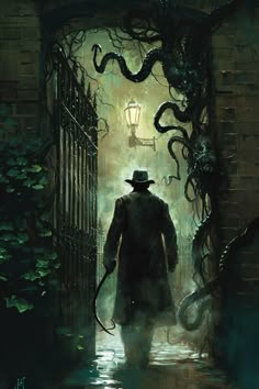 a man with a hat and cane walking through an alley way in front of a gate