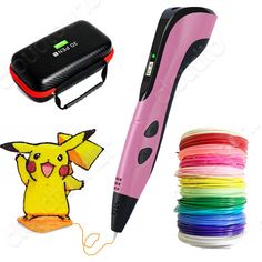 various items that include an electric pen, colored wires and a cartoon pikachu