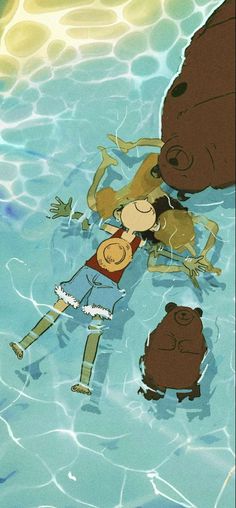 a cartoon character is floating in the water next to a large brown animal and another person