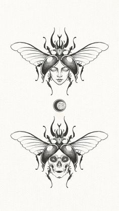 two drawings of faces with wings and skulls on them