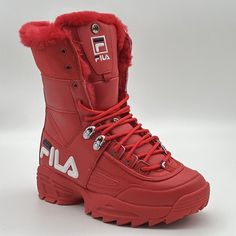 Product: Fila Disruptor Fur Top Triple Red Women's Fashion Boots Style: 5hm00560-616 Condition: New Without Box Trendy Winter Boots, Dressing Shoes, Aesthetic Shoe, Shoe Outfits, Nike Shoes Blue, Shoe Storage Ideas, Nike Shoes Women Fashion, Skull Handbags, Pretty Sneakers