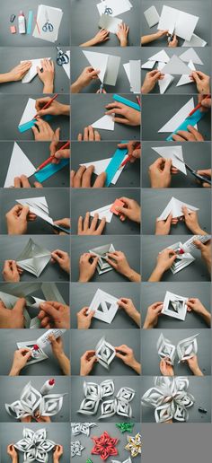 the steps to make an origami box with scissors and paper are shown in several different ways