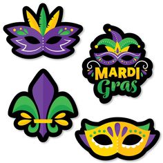 mardi gras mask stickers are shown in three different shapes and colors, each with