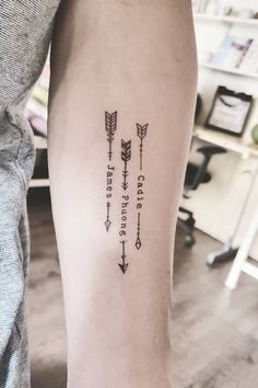 a woman's arm with arrows on it and the words written in cursive writing