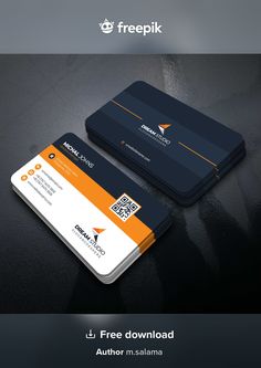 two business cards with an orange and black color scheme on the front, one for freepik