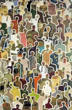 an abstract painting with many people in different colors