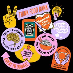 several stickers with different types of food and words on them, including don't feed