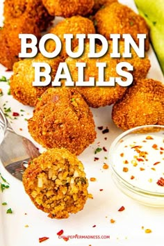 some food is on a white plate and has the words boudiin balls above it