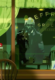 an image of a man sitting at a table in front of a window with the words effra grocer on it