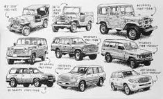 an old black and white drawing shows different types of jeeps