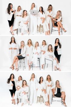 several photos of women in white robes posing for the camera with their arms around each other