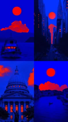 four different images of the same building at different times of day and night, with red clouds in the sky