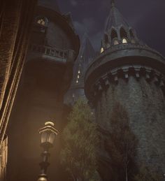 a street light in front of a castle at night