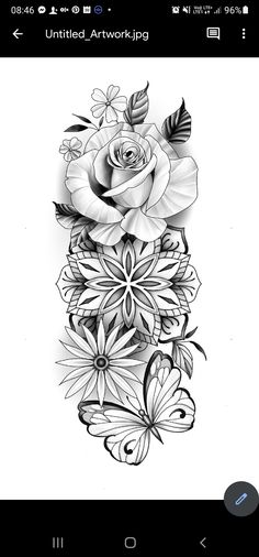 a black and white tattoo design with roses, butterflies and flowers on it's side