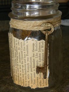 a jar with an old key in it and the caption says, from easy visit