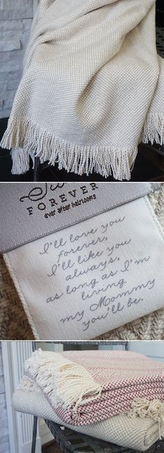 two pictures showing different types of blankets with writing on them and the same type of blanket