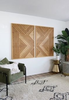 a living room with two wooden panels on the wall