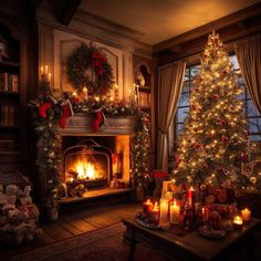 a living room with a christmas tree and lit candles