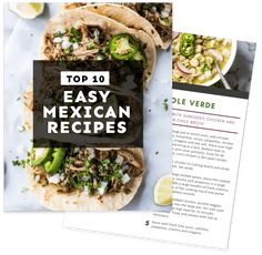 the top 10 easy mexican recipes are shown in this postcard style brochure