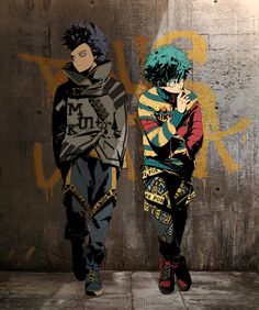 two anime characters standing next to each other in front of a wall with graffiti on it