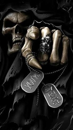 a skeleton holding onto two dog tags with the words don't trust me on them