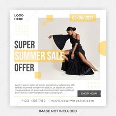 a flyer for a summer sale with an image of a woman in a black dress