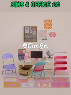 the office is decorated in pink, blue and green with two chairs next to it