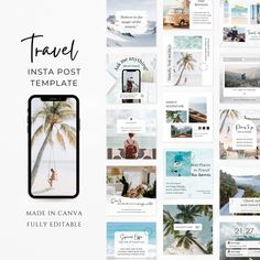 the travel instagram post template is displayed on a white background with palm trees and beach scenes