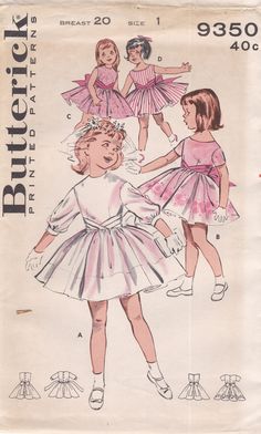 This vintage Butterick sewing pattern was designed in 1960. It makes a full-skirted dress with an attached pleated cummerbund. Little Girl Size 1: Chest 20   ---   Waist 19 1/2. The pattern is unused and still in factory folds. The instructions are included. The envelope is in good vintage condition.  To see more patterns for children: https://www.etsy.com/shop/studioGpatterns?section_id=18886385 To visit my shop: https://www.etsy.com/shop/studioGpatterns Vintage Sewing Patterns Children, Girls Vintage Dress, Vintage Dress Pattern, Summer Cloth, 1950s Girls, Butterick Dress Patterns, Butterick Patterns Vintage, Vintage Style Aprons, Patron Vintage