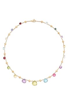 A rainbow of semiprecious briolettes interspersed with hand-engraved 18-karat-gold nuggets brightly details a delicate chain-link necklace. 16" length Lobster clasp closure 18k gold/tourmaline/topaz/amethyst/quartz/rhodolite/iolite Made in Italy Marco Bicego, Gold Nugget, Delicate Chain, Station Necklace, Amethyst Quartz, Chain Link Necklace, Link Necklace, Hand Engraving, A Rainbow