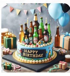 a birthday cake with beer bottles and balloons