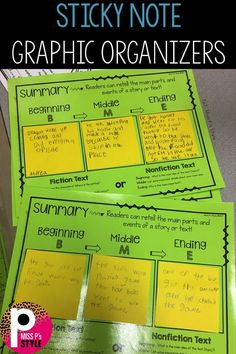 sticky note graphic organizer for students to use in their writing and reading skills, with the title