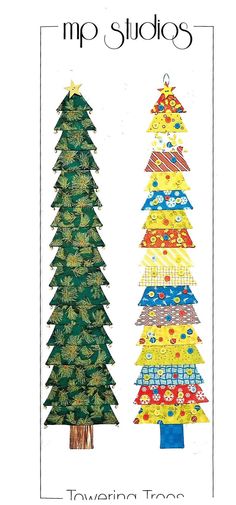 two christmas trees made out of different colored fabrics, one is green and the other is yellow