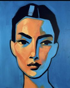 a painting of a woman's face on a blue background with black hair and eyebrows