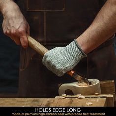 a man holding a hammer over a wooden block with nuts on it and the words holds edge long made of high - carbon steel with precision heat heat heat treatment