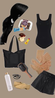 an assortment of women's clothing and accessories including a tote bag, hairbrush, gloves, lipstick, shoelaces