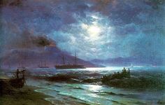 a painting of a ship in the ocean at night with people standing on rocks near it