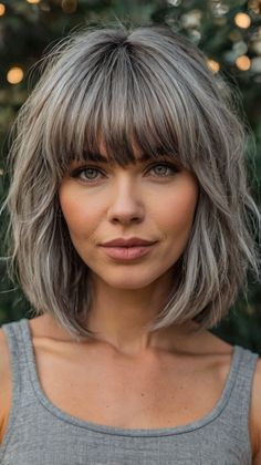 medium length gray hairstyles with bangs Bob Hairstyles For Fine Hair With Bangs, Shoulder Length Hair With Fringe, Gray Hairstyles With Bangs, Grey Hair Young, Brown And Silver Hair, Grey Balayage, Neck Length Hair, Medium Length Hairdos, Long Fine Hair