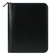 a black leather folder with zipper closure