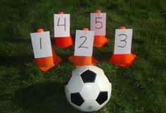 a soccer ball sitting in the grass with numbered numbers on it's sides and orange cones around it