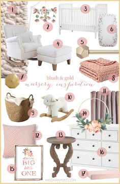 pink and gold nursery decor with white furniture