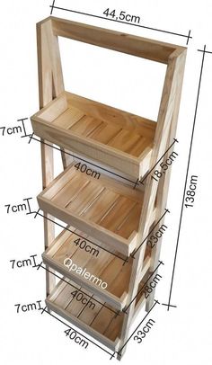 three wooden shelves are shown with measurements for each shelf in the same size and width